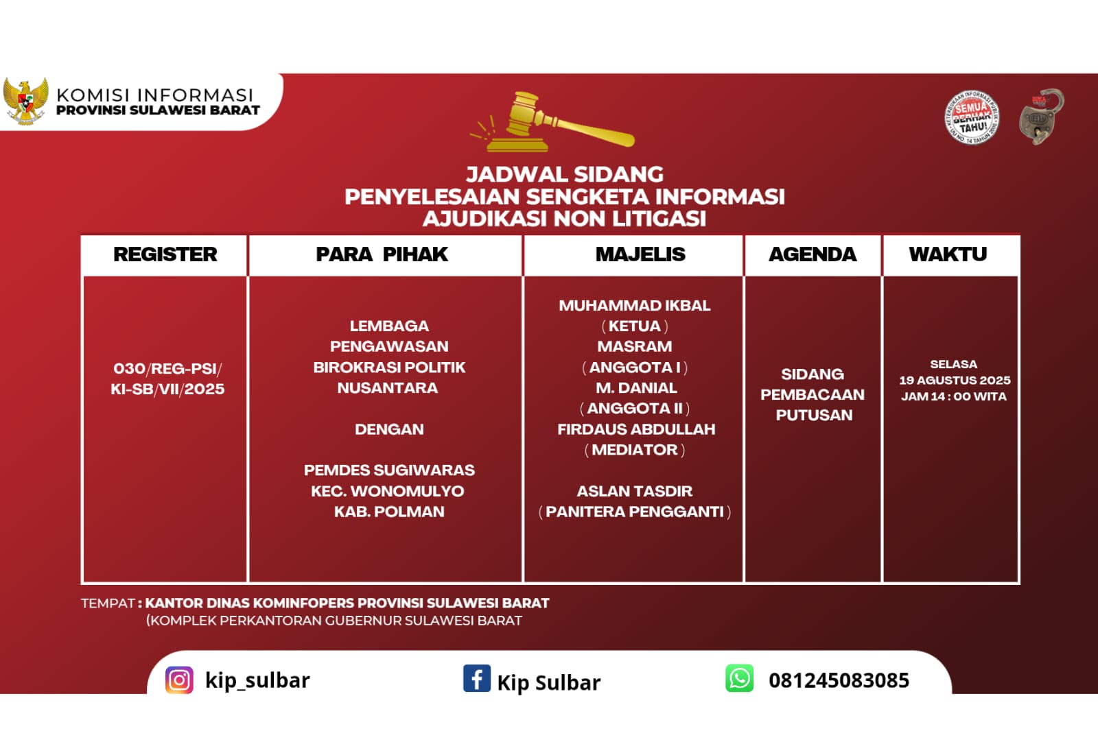 PENGUMUMAN JADWAL SIDANG 19 AGUSTUS 2025